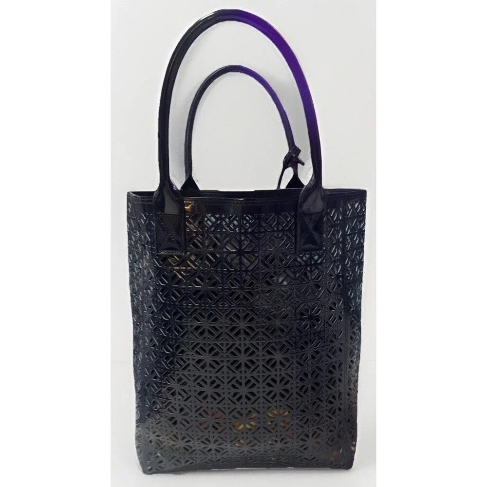 Tory Burch Navy Laser Cut PVC Patent Tote Shopper Beach Bag Geometric Large
